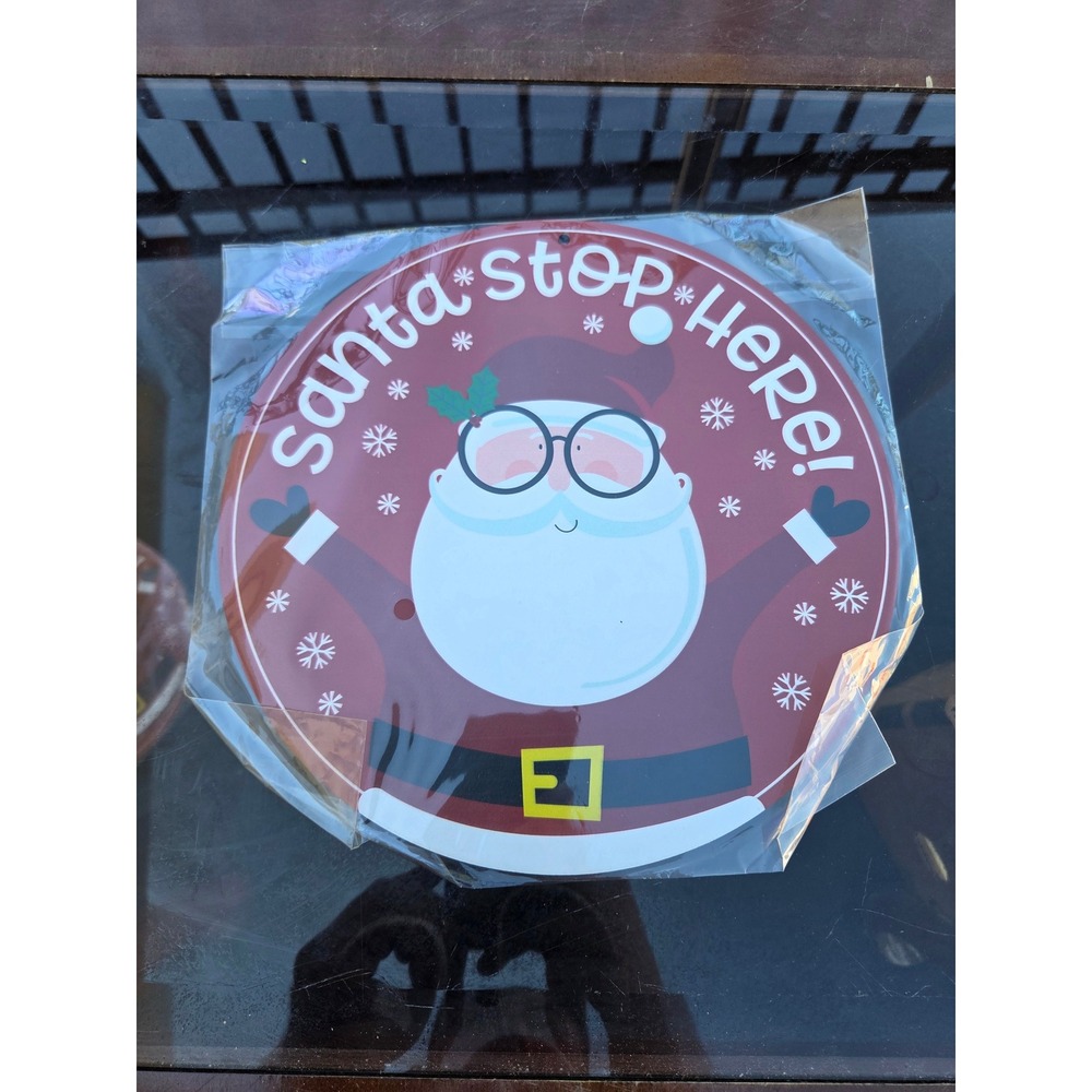 Santa Stop Here Round Wooden Christmas Sign Red Holiday Wall Decor SC LLC
